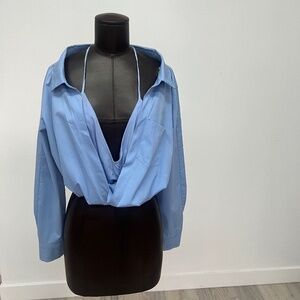 Light Blue Oversized Button-Down Shirt | Off-Shoulder Twist Front Top | Chic